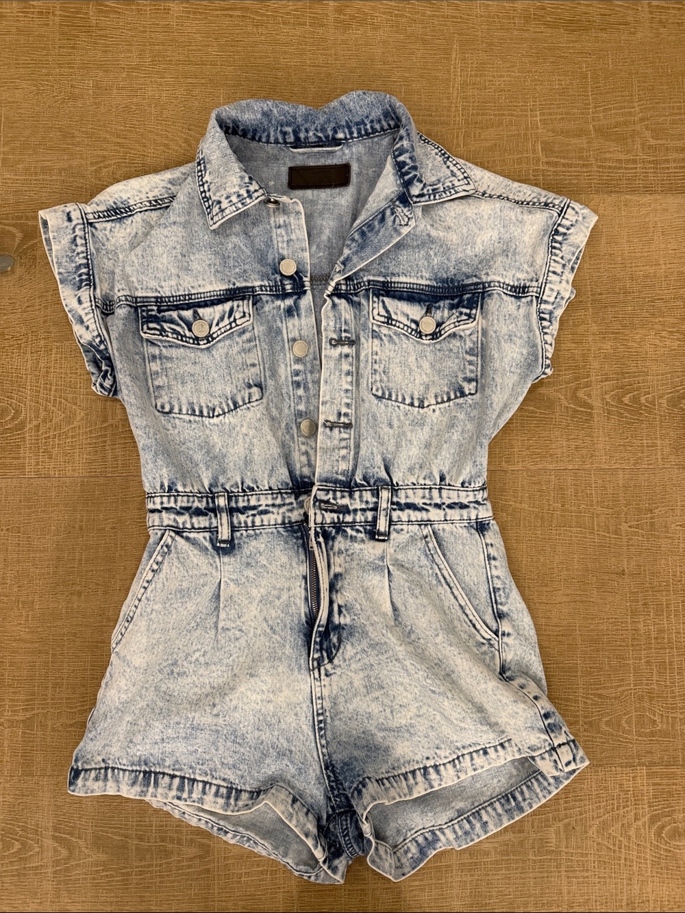 Blank NYC Acid Wash Denim Romper in Light Blue